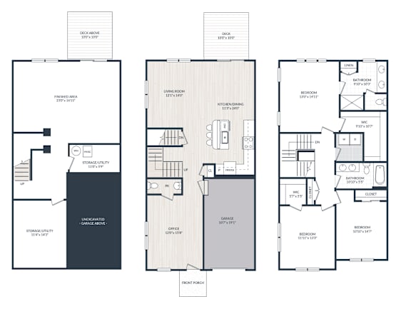 Floor Plan  A set of three floor plans for a property with a living area, kitchen, and bathrooms.