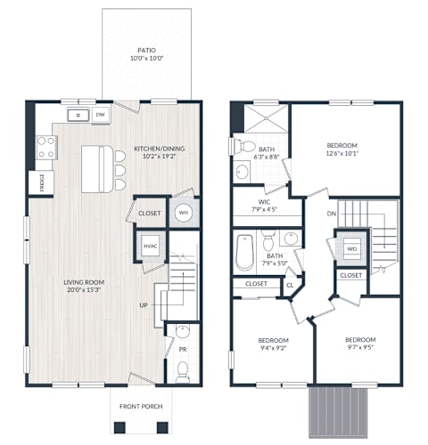 Floor Plan  A floor plan of a house with a living room, kitchen, two bedrooms, and a patio.