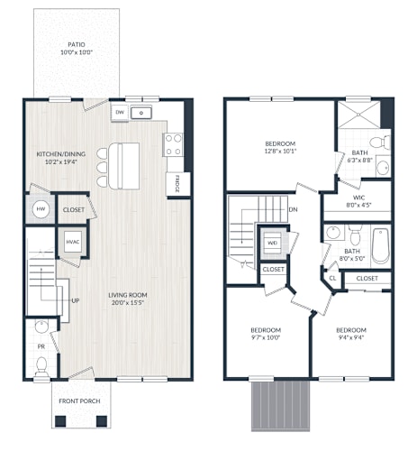 Floor Plan  A floor plan of a two-story house with a living room, kitchen, dining area, and multiple bedrooms.