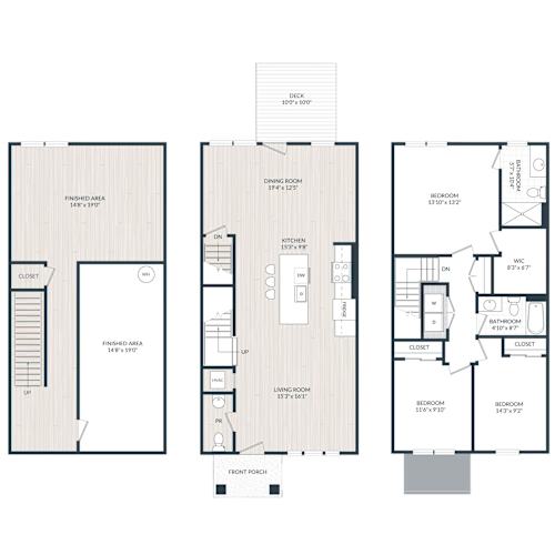 Floor Plan  A floor plan of a house with three bedrooms, a living room, a kitchen, a dining room, a front porch, and a backyard.