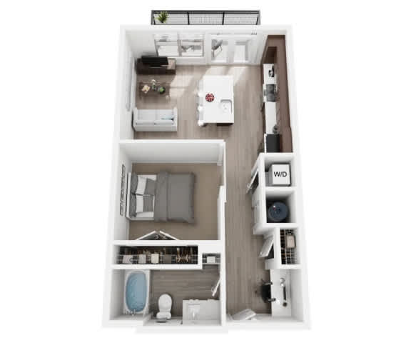Floor Plan  A floor plan of a small apartment with a kitchen, living room, and bathroom.