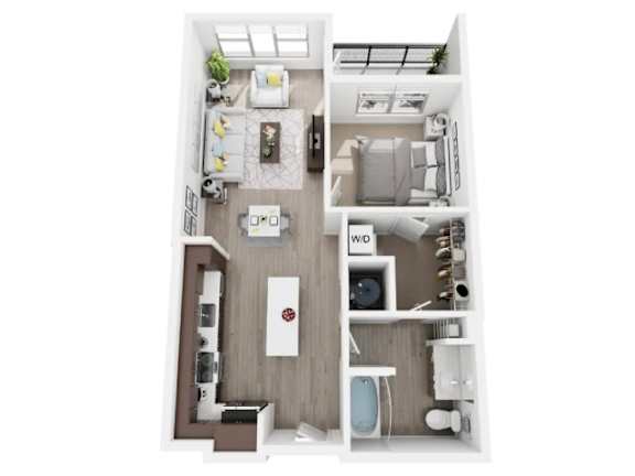 Floor Plan  A white floor plan of a small apartment with a kitchen, living room, and bathroom.