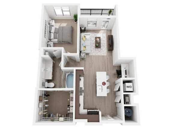 Floor Plan  A top-down view of a small apartment with a kitchen, living room, and bathroom.