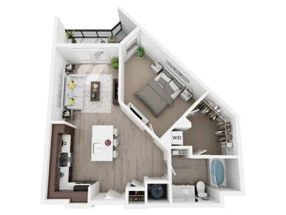 Floor Plan  A 3D floor plan of a small apartment with a kitchen, living room, and bathroom.
