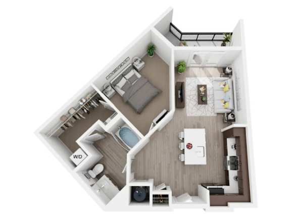 Floor Plan  A floor plan of a small apartment with a kitchen, living room, and bathroom.