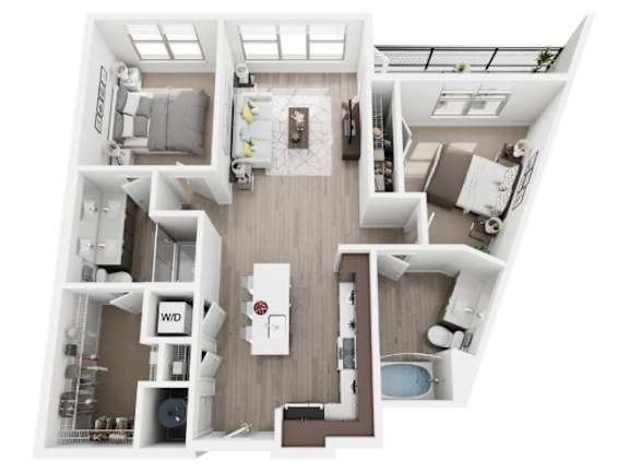 Floor Plan  A floor plan of a house with a kitchen, living room, dining room, and bathroom.
