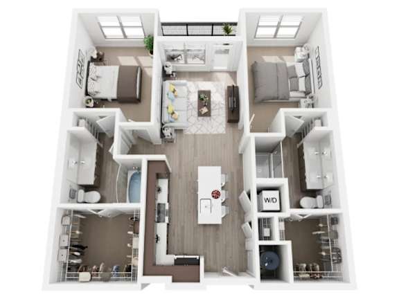 Floor Plan  A top-down view of a two-bedroom apartment with a kitchen, living room, and bathroom.