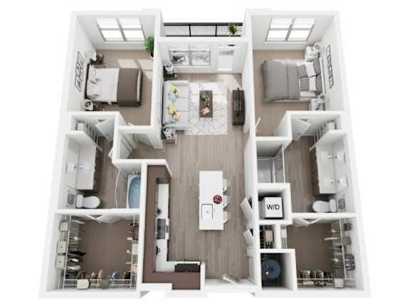 Floor Plan  A top-down view of a two-bedroom apartment with a kitchen, living room, and bathroom.