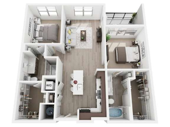 Floor Plan  A top-down view of a small apartment with a kitchen, living room, and bathroom.