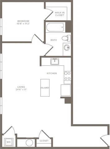 Floor Plan  A floor plan of a home with a living area, kitchen, and bathroom.