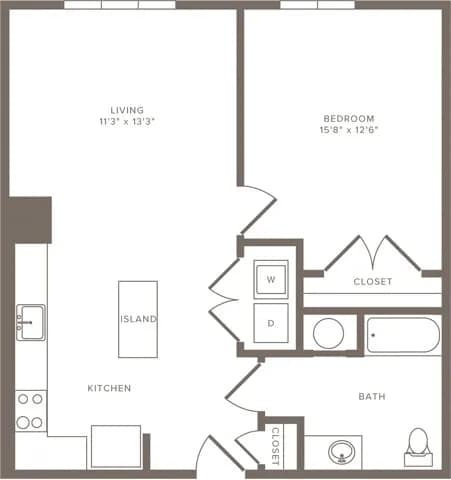 Floor Plan  A floor plan of a small apartment with a living room, bedroom, kitchen, and bathroom.