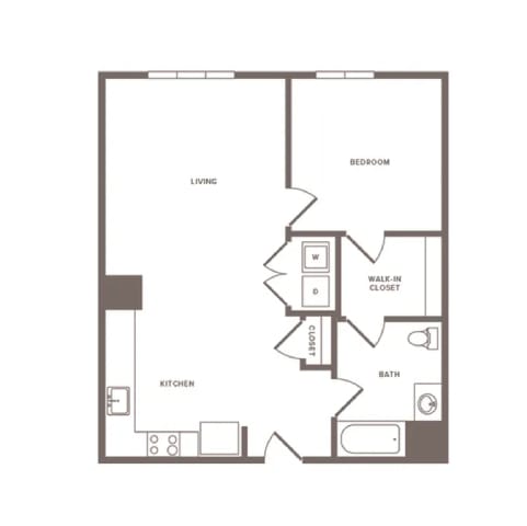 Floor Plan  A floor plan of a house with a living room, kitchen, bedroom, bathroom, and walk-in closet.