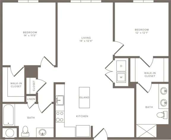 Floor Plan  A floor plan of a home with two bedrooms, a living room, a kitchen, a bath, a walk-in closet, and a linen closet.