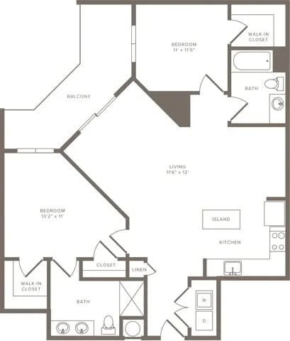 Floor Plan  A black and white image of a house floor plan with a balcony, two bedrooms, a living room, a kitchen, a bath, a walk-in closet, and a laundry room.