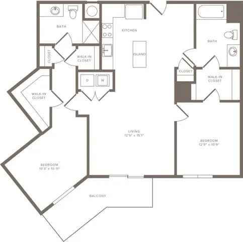 Floor Plan  A black and white image of a house floor plan with a living room, two bedrooms, a bathroom, a kitchen, a walk-in closet, and a balcony.