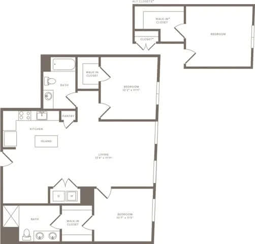 Floor Plan  A floor plan of a house with a living room, two bedrooms, a bathroom, a kitchen, and a pantry.