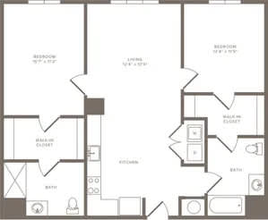 Floor Plan  A floor plan of a house with a living room, two bedrooms, a kitchen, a bath, and a walk-in closet.