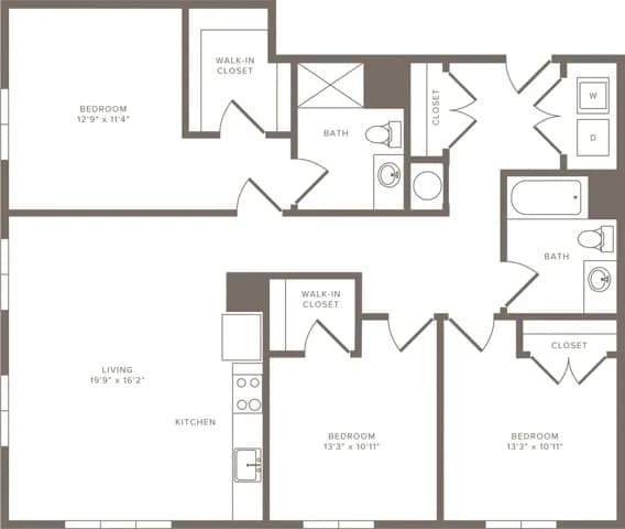Floor Plan  A black and white image of a house floor plan with a living room, kitchen, and three bedrooms.