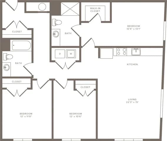 Floor Plan  A black and white image of a house floor plan with a living room, kitchen, and three bedrooms.