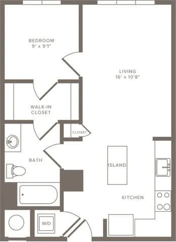 Floor Plan  A floor plan of a small apartment with a bedroom, living room, kitchen, bathroom, and closet.