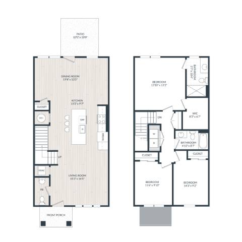 Floor Plan  A floor plan of a two-story house with a living room, two bedrooms, a bathroom, and a front porch.