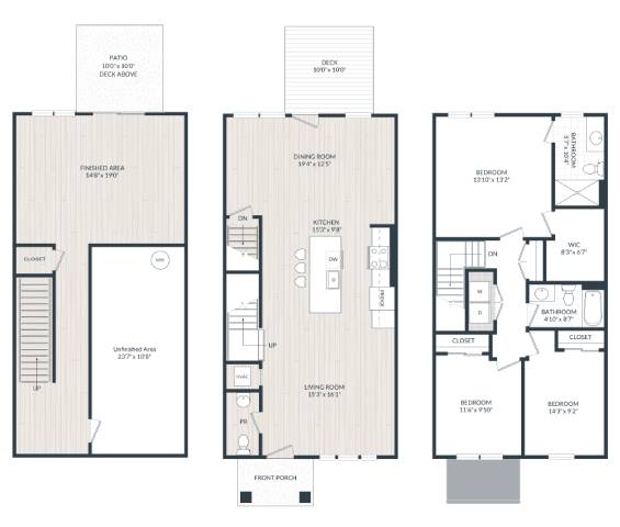 Floor Plan  A floor plan of a house with three bedrooms, a living room, a dining room, a kitchen, a front porch, and an unfinished area.