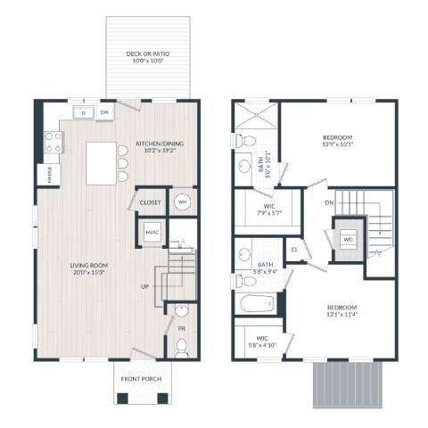 Floor Plan  A floor plan of a two-story house with a living room, kitchen, and two bedrooms.