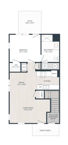 Floor Plan  A floor plan of an apartment with a living room, kitchen, and two bathrooms.