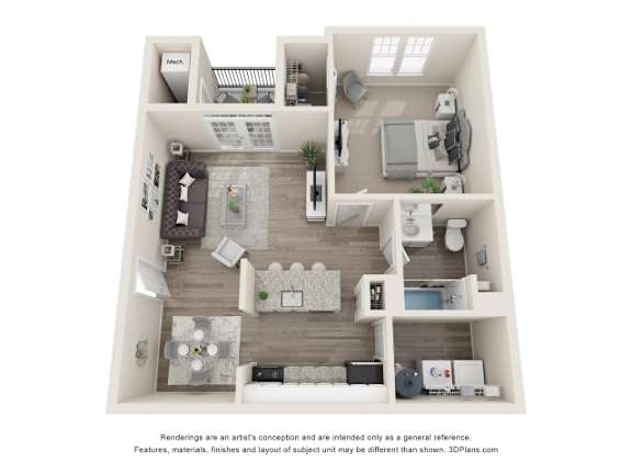 Floor Plan  A 3D floor plan of a small apartment with a kitchen, living room, and bathroom.