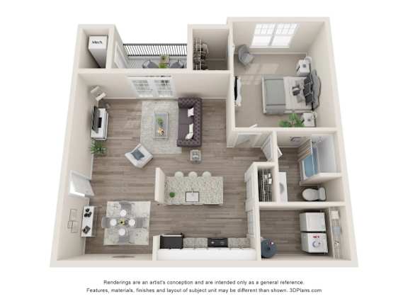 Floor Plan  A 3D floor plan of a house with a kitchen, living room, and two bedrooms.