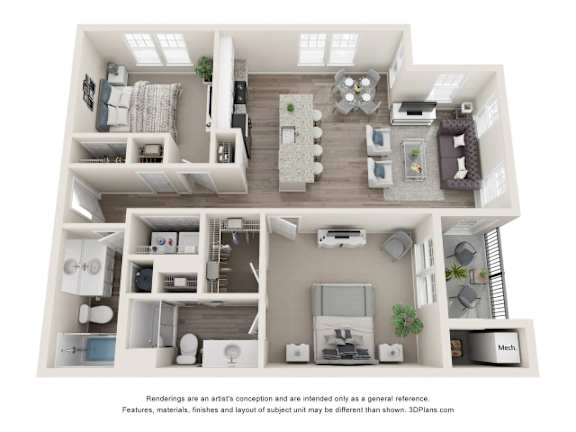 Floor Plan  A 3D floor plan of a two-story apartment with a living room, kitchen, and bedrooms.