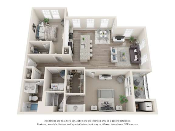 Floor Plan  A 3D floor plan of a house with a kitchen, living room, and two bedrooms.