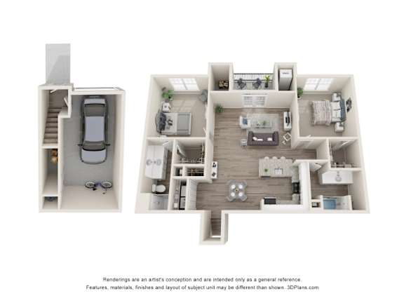 Floor Plan  A 3D floor plan of a house with a kitchen, living room, and bathroom.