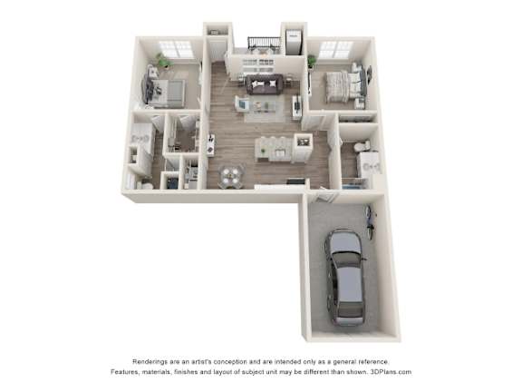 Floor Plan  A 3D floor plan of a house with a car parked in the driveway.