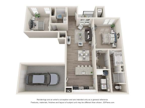 Floor Plan  A 3D floor plan of a house with a car parked in the garage.