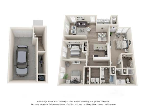 Floor Plan  A 3D floor plan of a house with a car in the garage.
