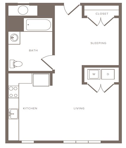 Floor Plan  A floor plan of a small apartment with a sleeping area, a living area, and a kitchen.