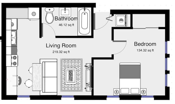 Floor Plan  A floor plan of a room with a living room, bathroom and bedroom.