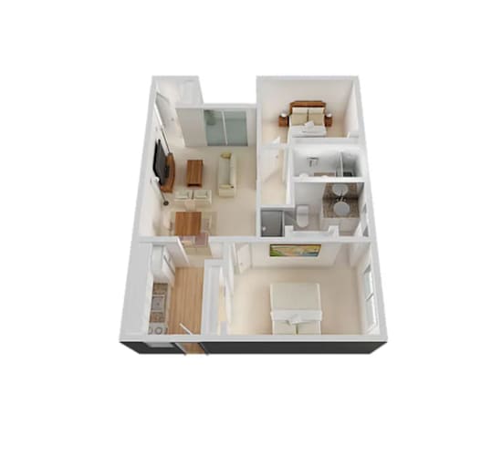 Floor Plan  A white model of a house with a kitchen, living room, and bathroom.