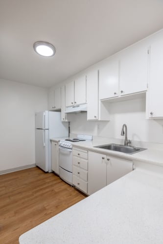 Floor Plan  a kitchen with white cabinets and a sink and a refrigerator