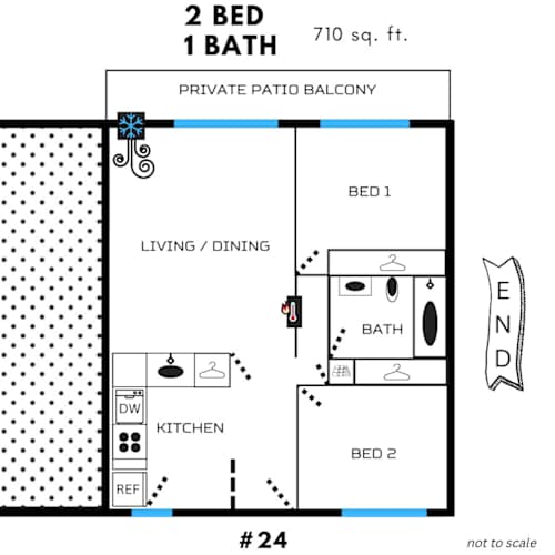 Floor Plan  A floor plan of a 2 bedroom, 1 bathroom apartment sized 710 sq. ft.