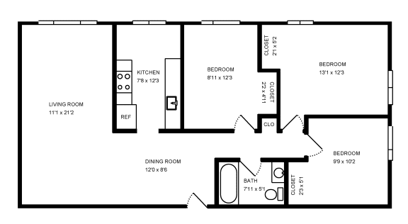Floor Plan  floor plan of a 1 bedroom floor plan with an open floor plan to the right