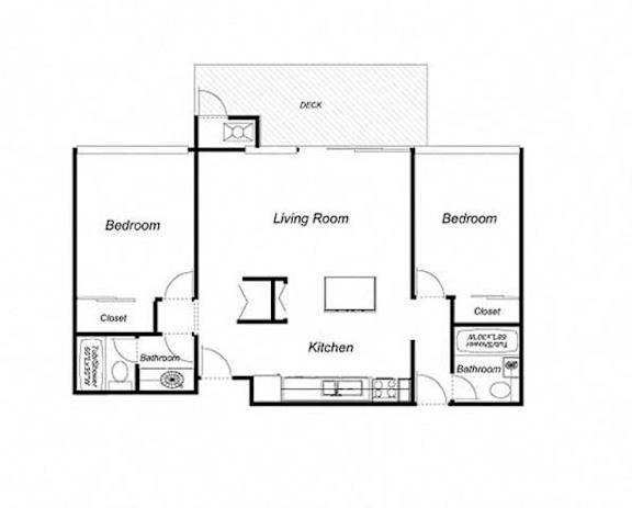 Floor Plan  A floor plan of a house with a living room, two bedrooms, a kitchen, and two bathrooms.