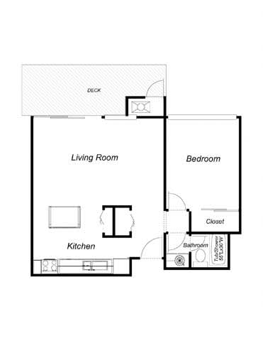Floor Plan  A floor plan of a small apartment with a kitchen, living room, bedroom and bathroom.