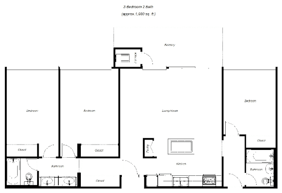 Floor Plan  A floor plan of a 3 bedroom 2 bath apartment with an approximate living area of 1,080 sq. ft.
