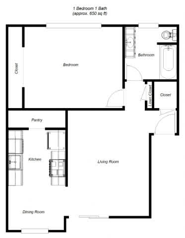 Floor Plan  A floor plan of a one bedroom, one bath apartment sized 650 sq ft.