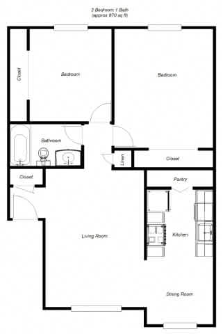 Floor Plan  A black and white image of a floor plan for a 2 bedroom, 2 bathroom apartment.
