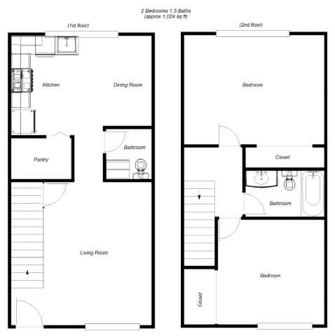 Floor Plan  A floor plan of a two bedroom, 1.5 bathroom apartment.