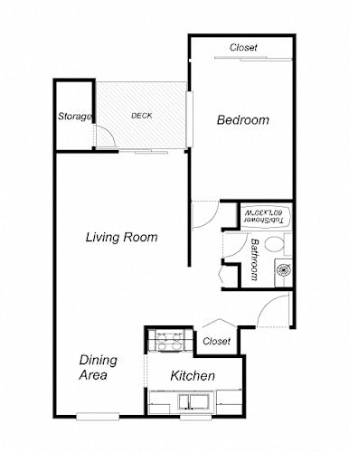 Floor Plan  A floor plan of a house with a living room, dining area, kitchen, bedroom, and bathroom.