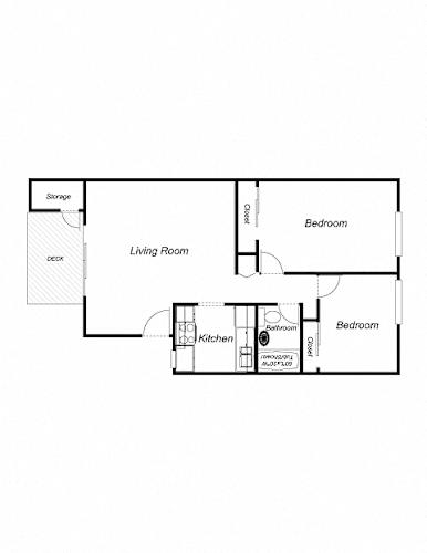 Floor Plan  A floor plan of a house with a living room, two bedrooms, a kitchen, a bathroom, and storage.